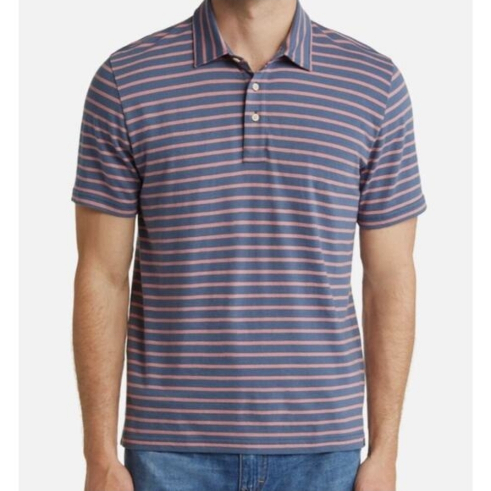 Faherty Polo Tee Shirt In Blue And Coral Stripes Mens Size Large 100% Cotton